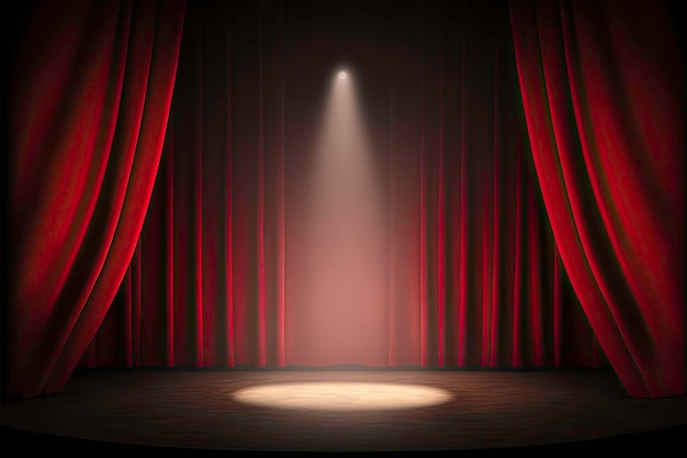 Un escenario con una cortina roja que tiene una luz.