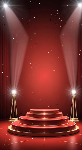 un escenario con una cortina roja y un reflector en él