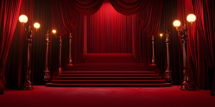 un escenario con cortinas rojas y una cortina roja con las palabras el espectáculo en la parte inferior