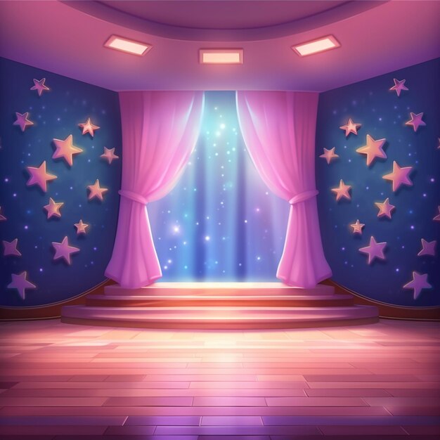 Foto un escenario de dibujos animados con una cortina y estrellas en la pared generativa ai