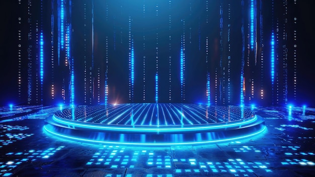 El escenario digital futurista con luces azules brillantes