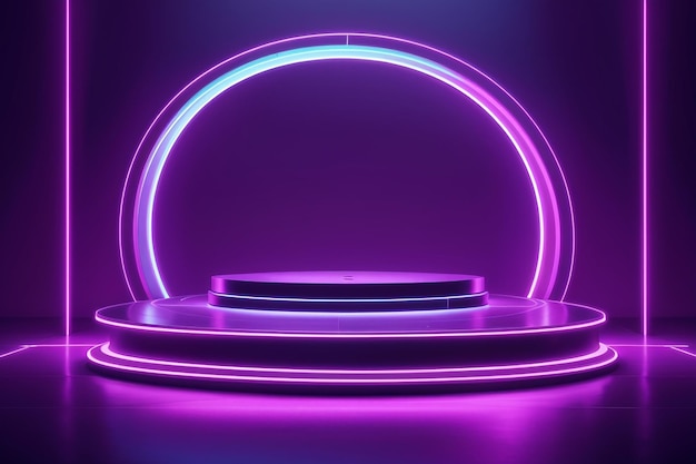 Escenario digital futurista de neón púrpura con arco de luz circular para la presentación de productos tecnológicos escena vectorial nocturna de pedestal vacío