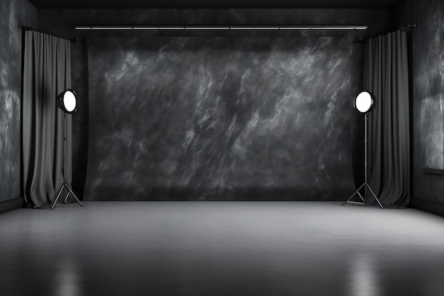 Un escenario con dos luces y un fondo negro con un círculo blanco y una pared negra detrás de él