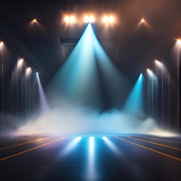 Escenario dramático con focos y humo Interior vacío con luces brillantes y niebla