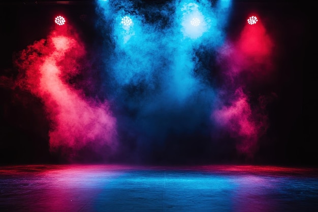 Un escenario dramático con luces de colores y humo perfecto para actuaciones
