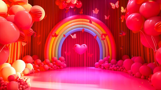 El escenario es el podio con globos rojos, un arco iris y mariposas en 3D.