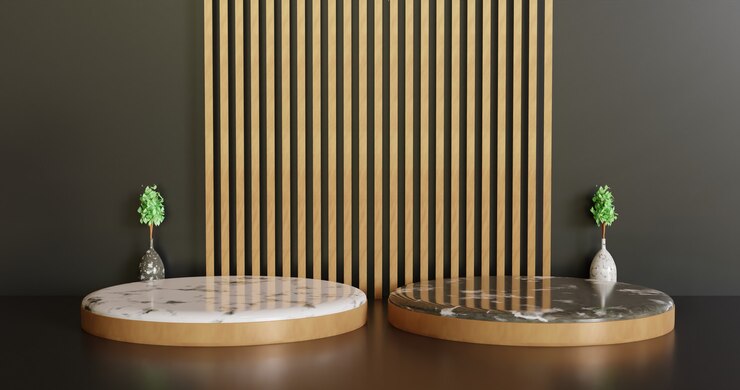Escenario de escaparate de podio de lujo y minimalista, dos fondo de soporte de escaparate de mármol cerámico minimalista