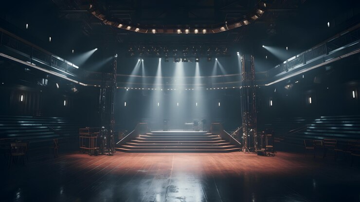 Un escenario con un escenario y luces en él.