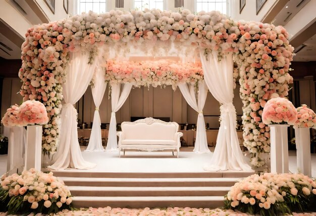 un escenario con una exhibición floral para una ceremonia de boda