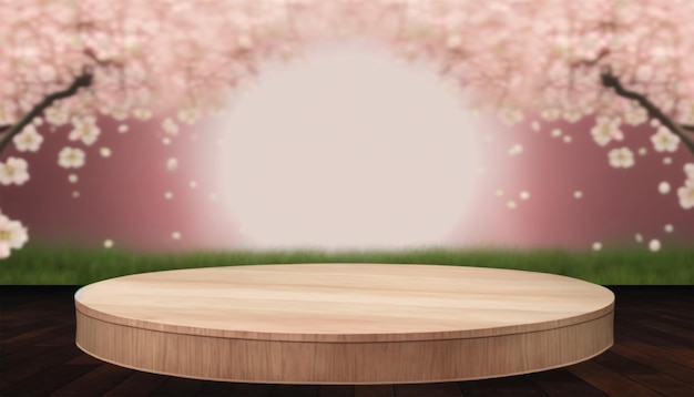 Escenario de exhibición de productos de mesa de madera de podio vacío con fondo de flor de cerezo de primavera