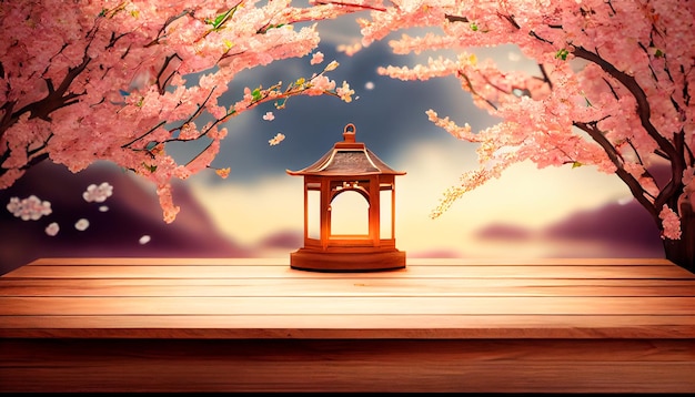Escenario de exhibición de productos de mesa de madera vacía con fondo de flor de cerezo de primavera Generativo ai