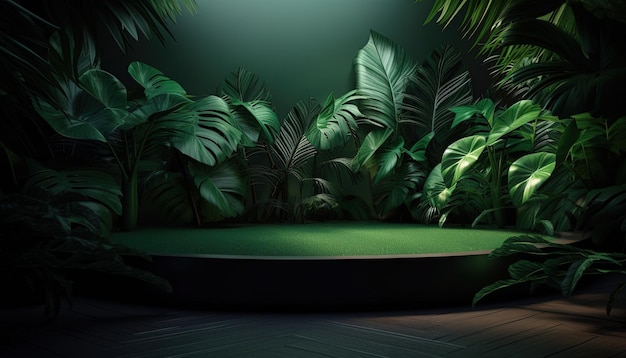 Escenario de exhibición de productos vacíos con exuberantes hojas de selva tropical en el fondo