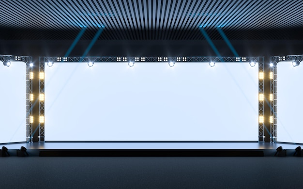 Escenario de exposición con renderizado 3d de cartelera en blanco