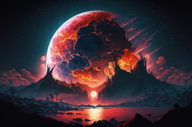 Escenario de fantasía gran luna roja Luna en el cielo de colisión al atardecer Una ilustración de fantasía