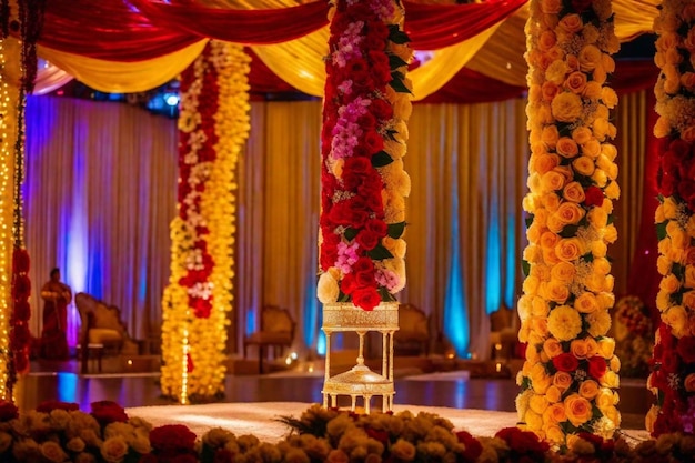 Foto un escenario con flores y un pequeño soporte en él