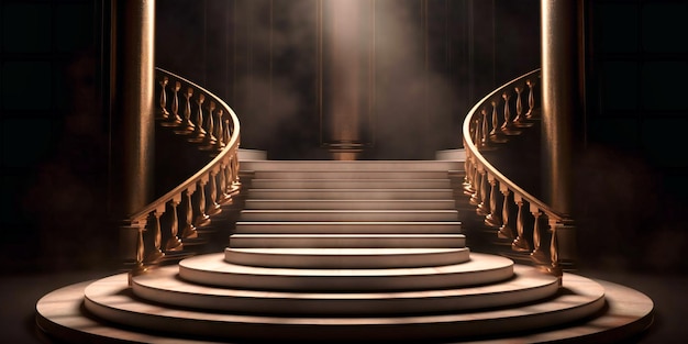 Un escenario con focos y escaleras en un oscuro