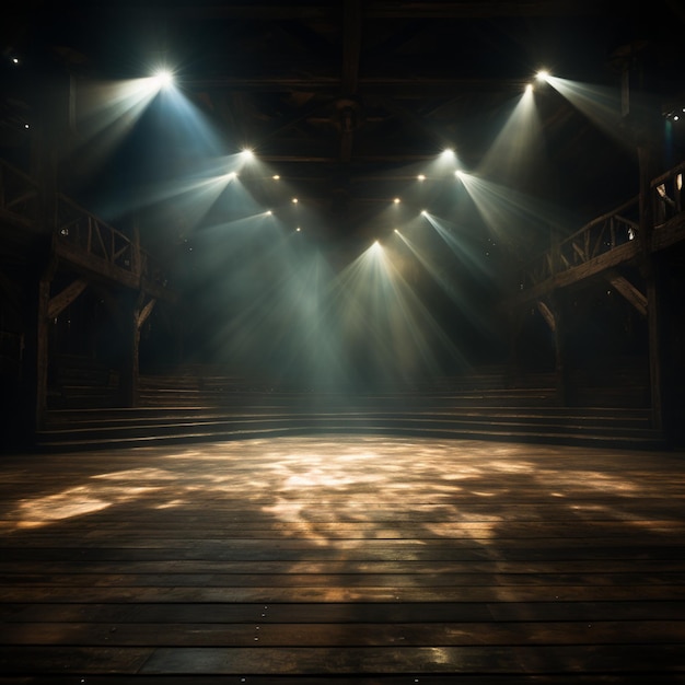 escenario con focos sobre fondo de escenario de madera al estilo de las composiciones monocromáticas de raphaelle peale