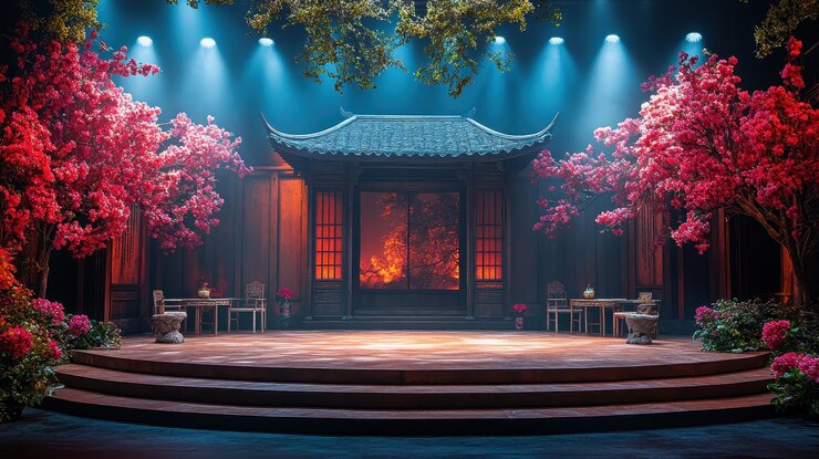 Un escenario con un fuego en el fondo y un escenario con un árbol en el medio