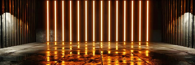 Escenario futurista iluminado con neón con un espacio vacío oscuro que crea un entorno atmosférico para un espectáculo o evento moderno