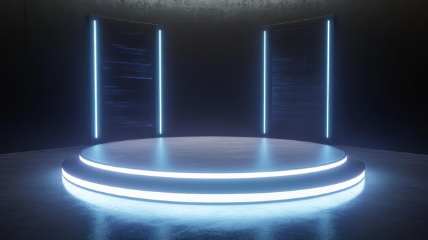Escenario futurista con luces de neón azul y fondo de hormigón