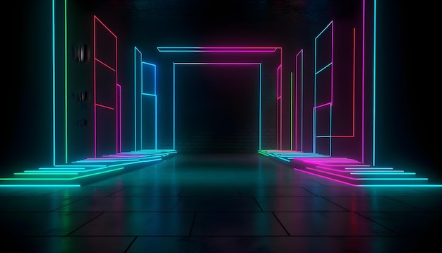 Escenario futurista luces de neón coloridas etapas fondo de la sala y telón de fondo podio vacío para exhibición de productos o presentaciones abstracto moderno perfecto para escaparates y proyectos modernos 3D Rendering