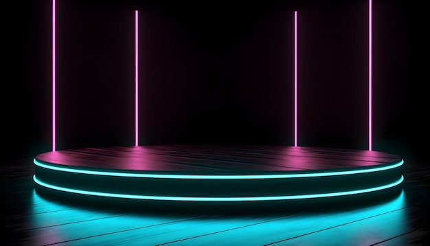 Escenario futurista luces de neón coloridas etapas fondo de la sala y telón de fondo podio vacío para exhibición de productos o presentaciones abstracto moderno perfecto para escaparates y proyectos modernos 3D Rendering