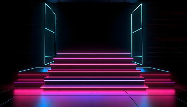 Escenario futurista luces de neón coloridas etapas fondo de la sala y telón de fondo podio vacío para exhibición de productos o presentaciones abstracto moderno perfecto para escaparates y proyectos modernos 3D Rendering