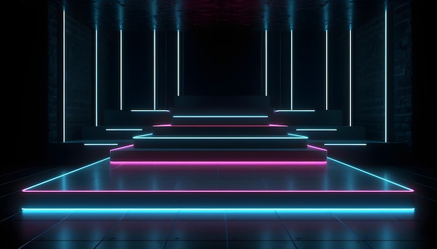 Escenario futurista luces de neón coloridas etapas fondo de la sala y telón de fondo podio vacío para exhibición de productos o presentaciones abstracto moderno perfecto para escaparates y proyectos modernos 3D Rendering