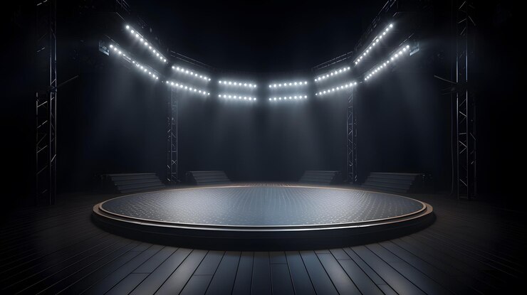 Un escenario con un gran escenario y luces en él.
