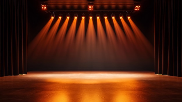 Escenario iluminado con espectacular iluminación naranja y focos ideales para actuaciones o eventos