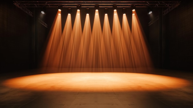 Escenario iluminado con espectacular iluminación naranja y focos ideales para actuaciones o eventos