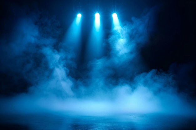 Escenario iluminado con luces escénicas y humo Foco vectorial azul con efecto de luz de volumen de humo
