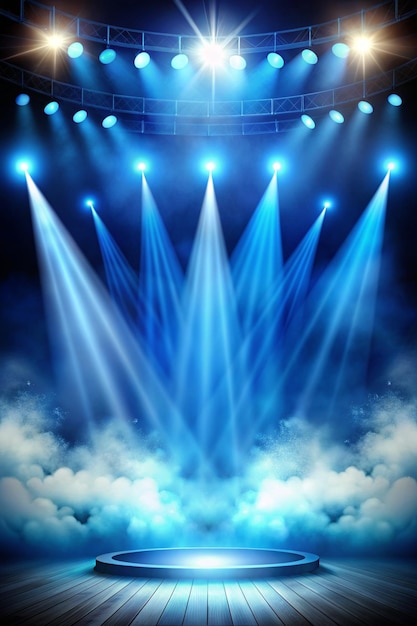 Escenario iluminado con luces escénicas y humo Spotlight vectorial azul con efecto de luz de volumen de humo