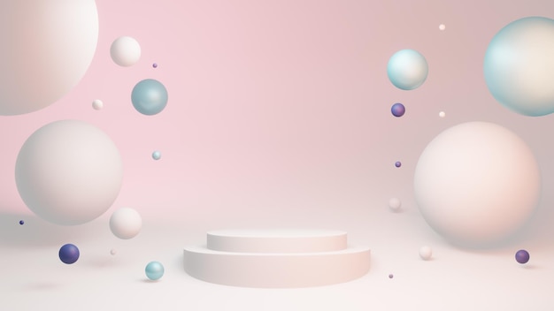 Un escenario limpio y pacífico con esferas 3D perfectas minimalistas flotando en el aire y un podio vacío