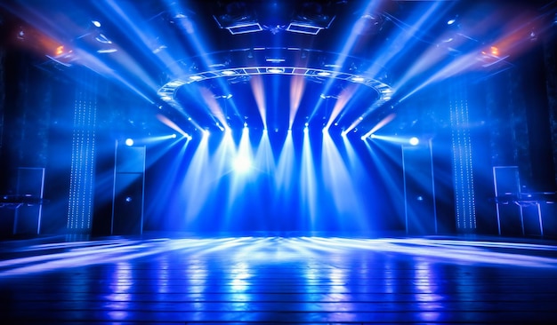 Escenario con luces azules y cortinas azules brillantes