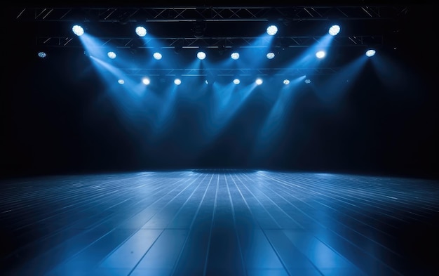 Escenario con luces escénicas y humo Farol azul con efecto de luz de volumen de humo en fondo negro Proyector de nubes del estadio Sala de espectáculos de niebla IA generativa