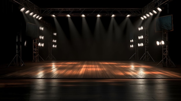Un escenario con luces y un fondo negro.