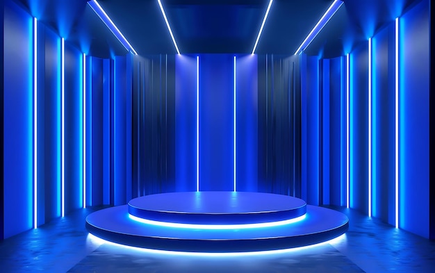 Foto un escenario con una luz azul y un escenario grande con una luz blue en él