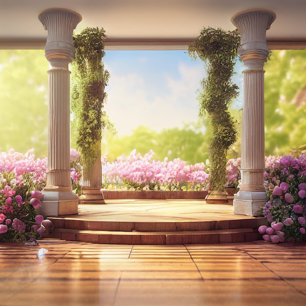 Escenario de madera decorado con flores Visualización 3d Ilustración digital de podio de boda de fantasía