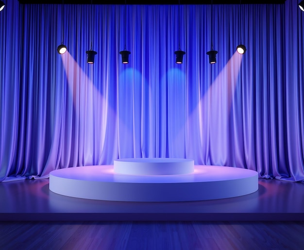 un escenario con una mesa redonda con luces en ella