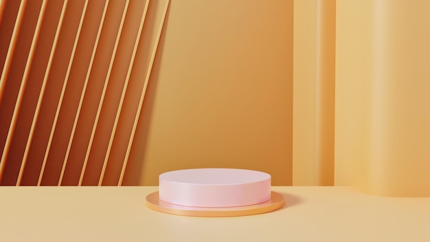 Escenario mínimo con un podio para la demostración del producto Un escenario de color pastel con formas geométricas y un podio cilíndrico Arcos verticales en el fondo Una elegante escena de moda representación 3d