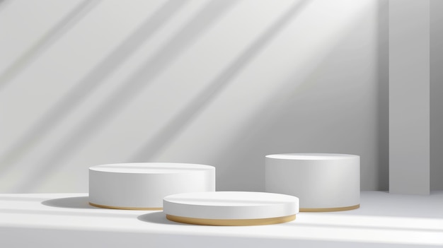Un escenario de museo vacío con una base dorada y partes sobresalientes una plataforma geométrica abstracta un producto en blanco geométrico se encuentra un conjunto moderno 3D realista de pedestales blancos