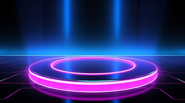 escenario de neón vacío para el reemplazo del producto con círculos futuristas fondo de luz de neón azul y rosa