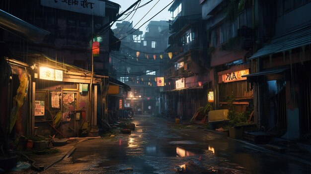 Escenario nocturno de la ciudad después de la lluvia en estilo cyberpunk futurista nostálgico de los años 80 90 luces de neón colores vibrantes ilustración horizontal fotorrealista