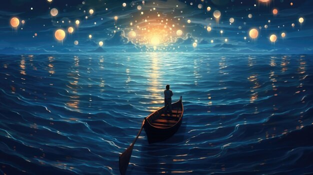 Escenario nocturno de un hombre remando en un bote entre muchas lunas brillantes flotando en el mar viaje de fantasía concepto surrealista obra de arte océano de ensueño Imagen generativa de IA weber