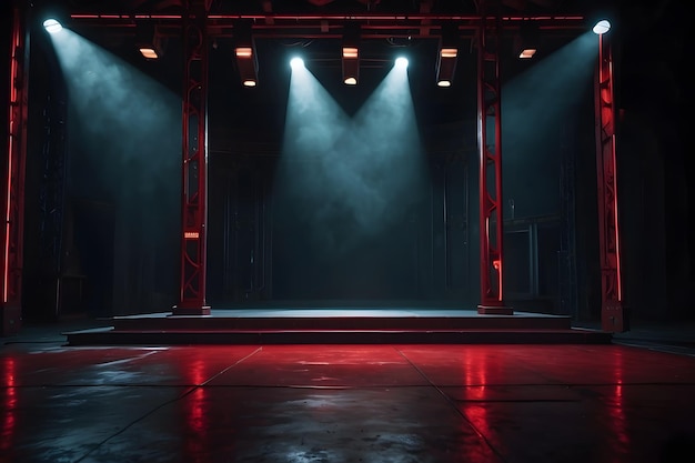 Escenario oscuro con fondo rojo escena vacía luces de neón y focos suelo de hormigón humo