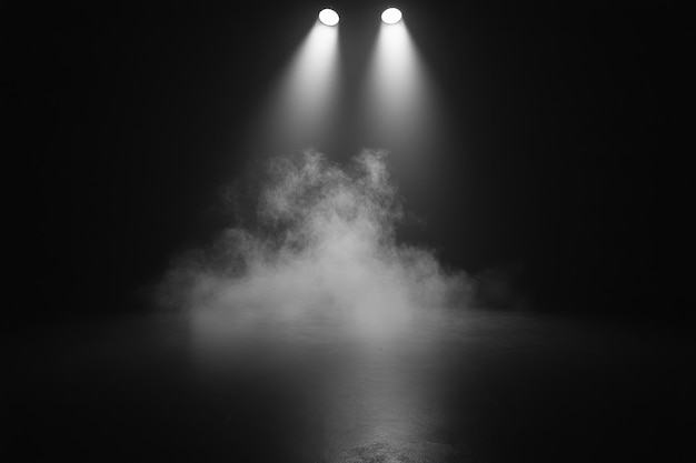 Un escenario oscuro iluminado por dos focos que crean un efecto de niebla atmosférica