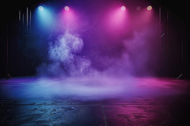 Foto escenario oscuro con luces de neón focos y colorido humo sala de estudio textura interior piso