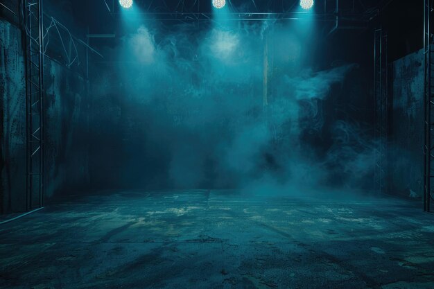 Escenario oscuro con luces de neón humo y textura de la sala de estudio