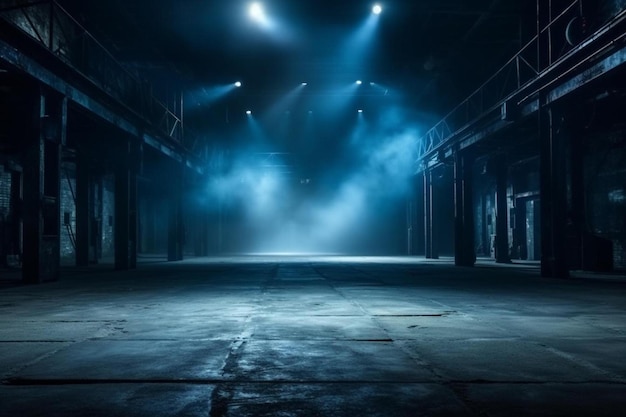 un escenario oscuro con luces en el techo y una luz en el tejo